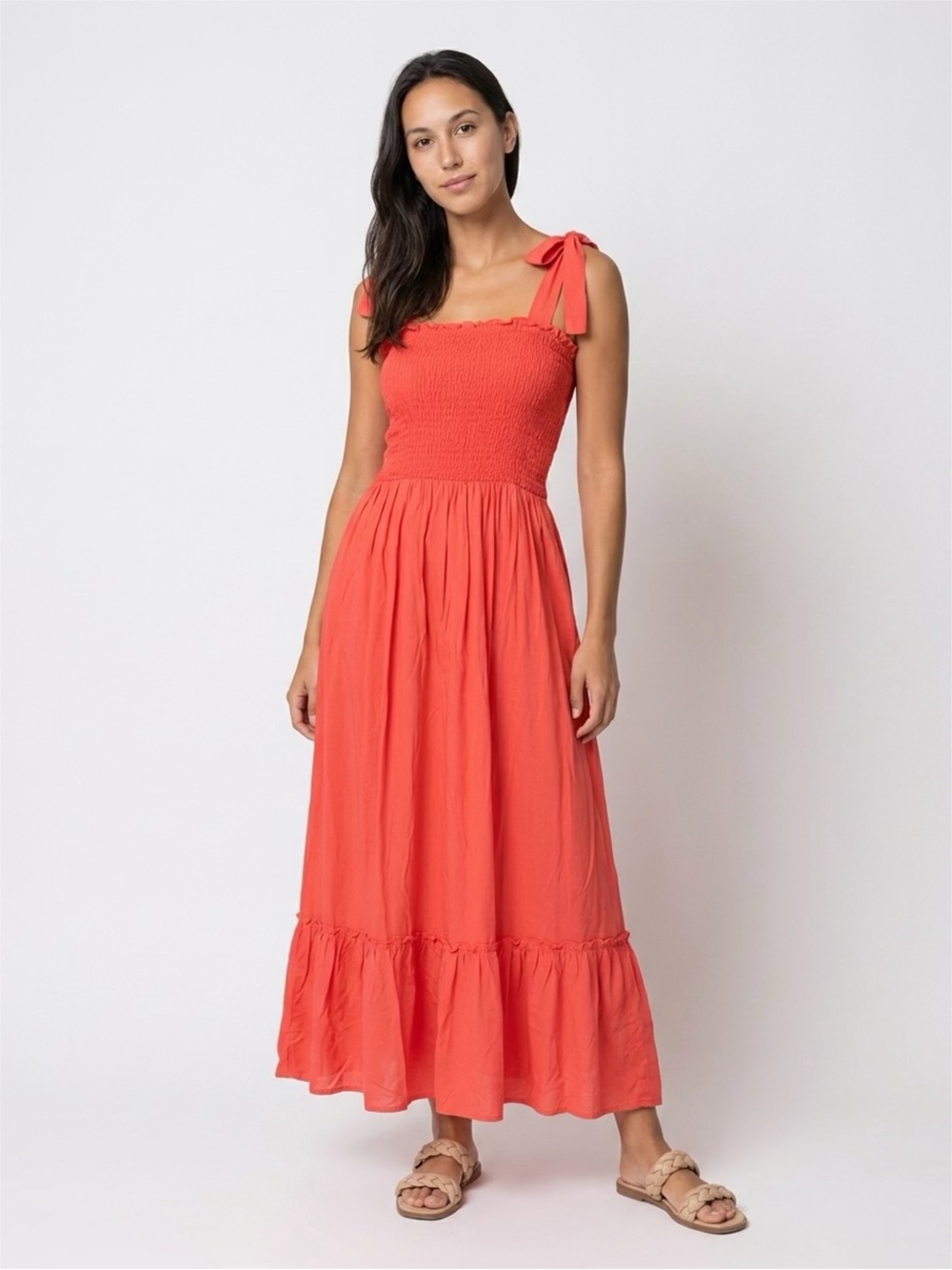 Zesica  Maxi Dress Tie-Shoulder A Line Square Neck Coral Size Small NWT NEW